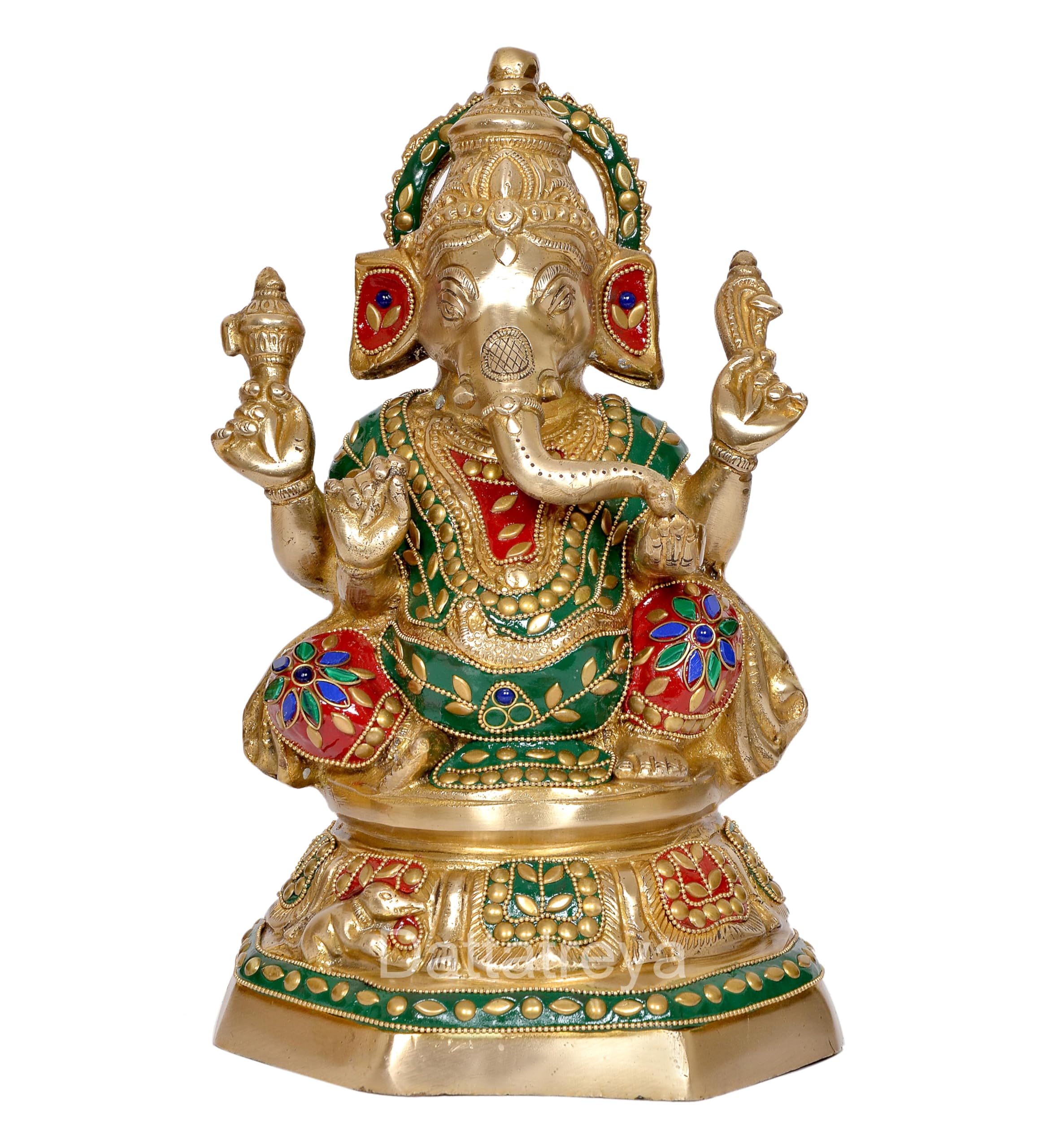 Dattatreya Brass Ganesh Statue - Handcrafted Lord Ganesha Idol For Home Decor And Pooja - Hindu God Ganapati Figurine (Height 11